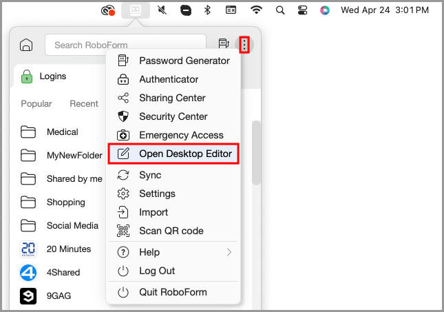 The option to open the RoboForm editor from the menu bar icon.