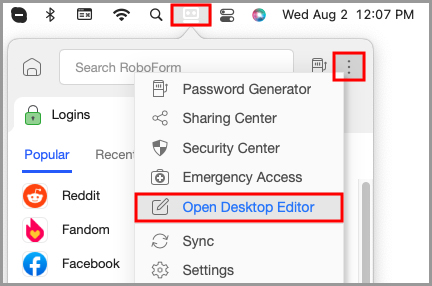 the option to open the RoboForm editor from the RoboForm menu bar icon’s menu.