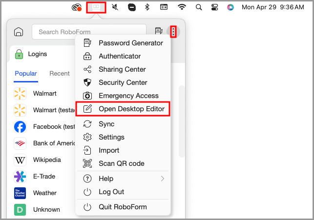 the option to open the RoboForm editor from the RoboForm menu bar icon’s menu.