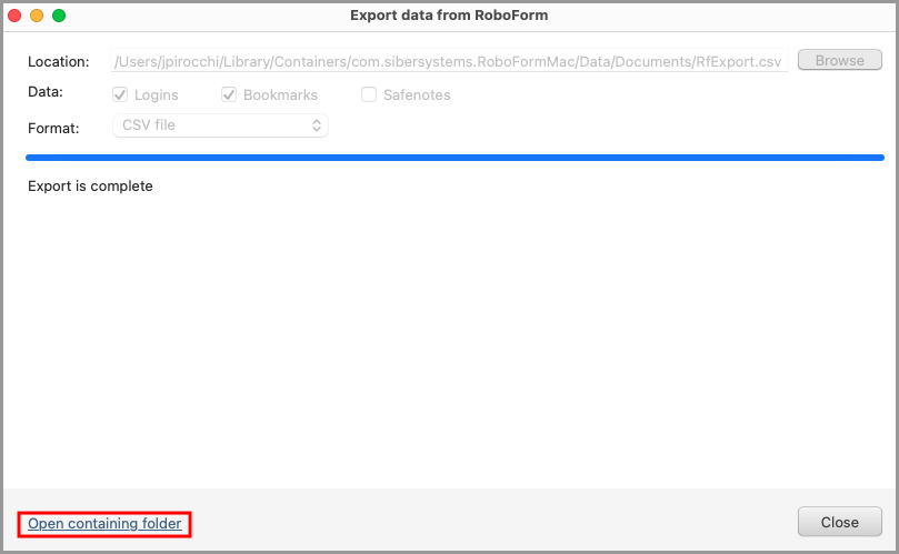 the Open containing folder button on the Export data from RoboForm window.