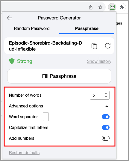 showing the available options for the RoboForm Passphrase Generator.