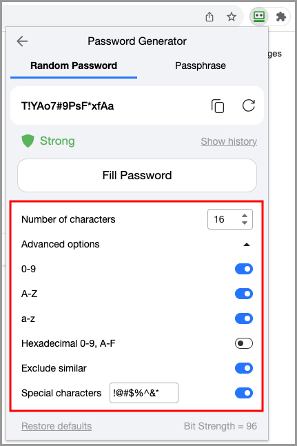 the available options for the RoboForm Password Generator.