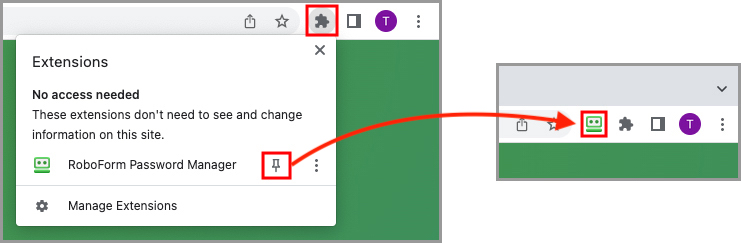 Showing the RoboForm extension being pinned to a browser.