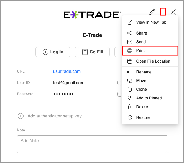 showing how to access the option to print a data item.