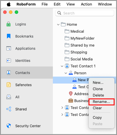 showing how to rename a new Contact Element in the RoboForm editor.