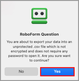 the confirmation message from RoboForm regarding the export.