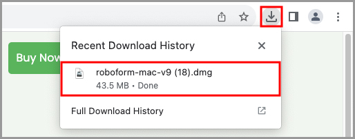 Showing how to select the RoboForm setup file from the recent downloads menu in a browser.