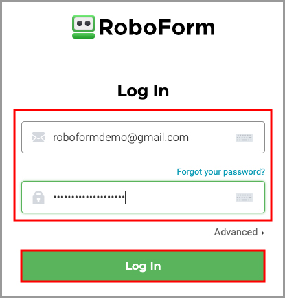 showing the RoboForm online login page.