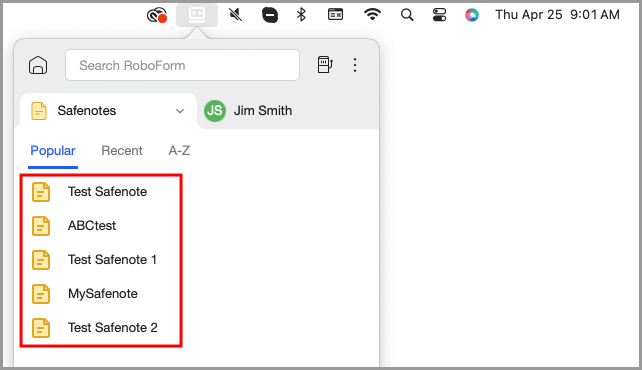 Safenotes in the RoboForm menu bar icon’s menu.