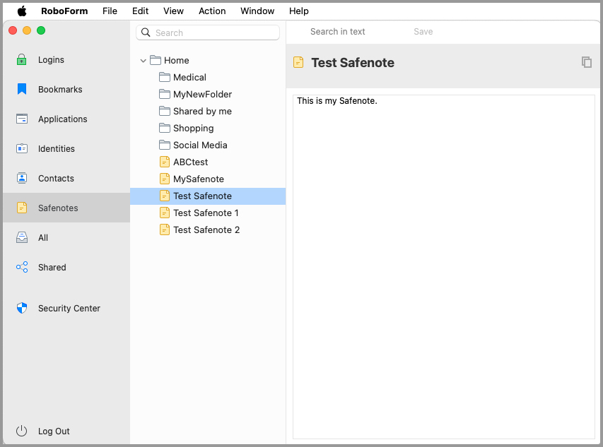 A Safenote in the RoboForm editor.