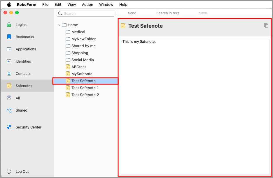 a Safenote in the RoboForm editor.