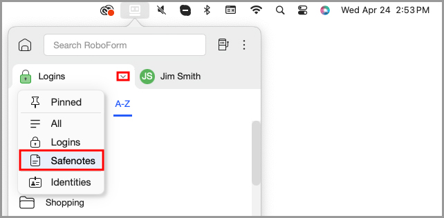 The Safenotes tab in the RoboForm menu bar icon’s menu.