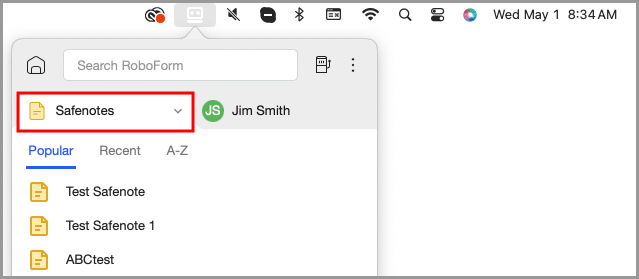 the Safenotes tab in the RoboForm menu bar icon.