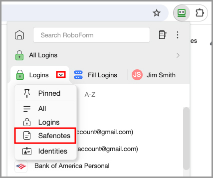 The Safenotes tab in the RoboForm extension.