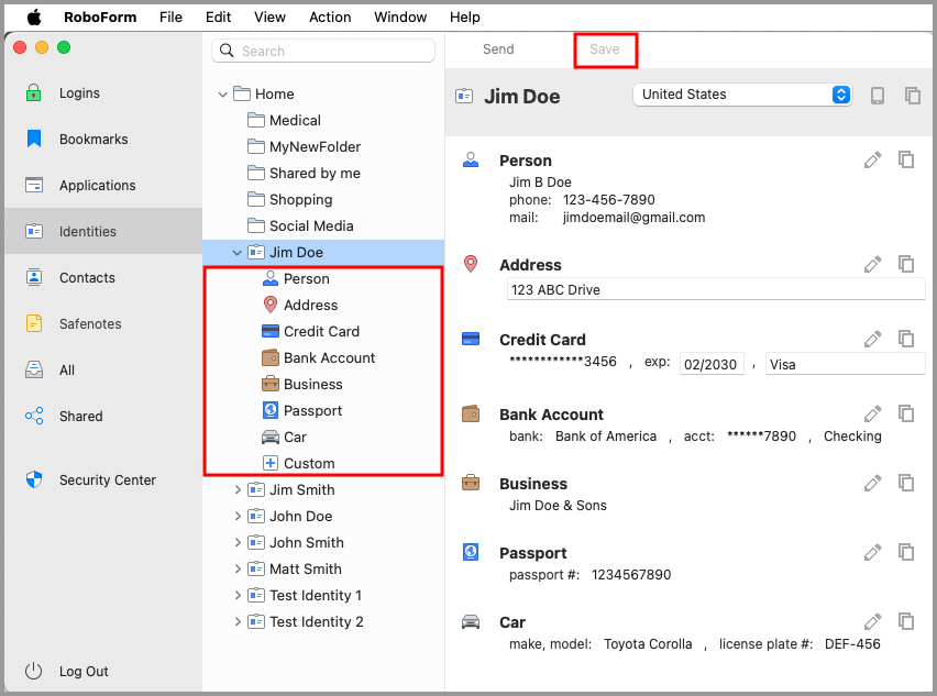 the different Identity Elements in the RoboForm editor.