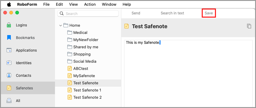 A Safenote ready to be saved in the RoboForm editor.