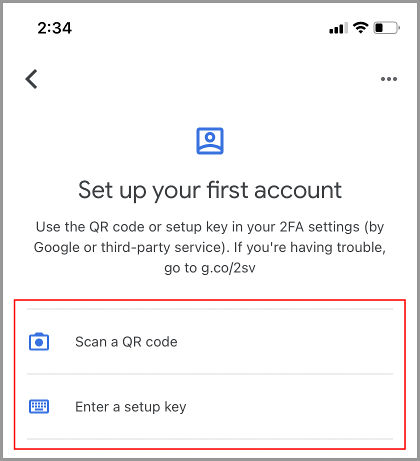 the options to scan a QR code or enter a setup key in an authenticator app.