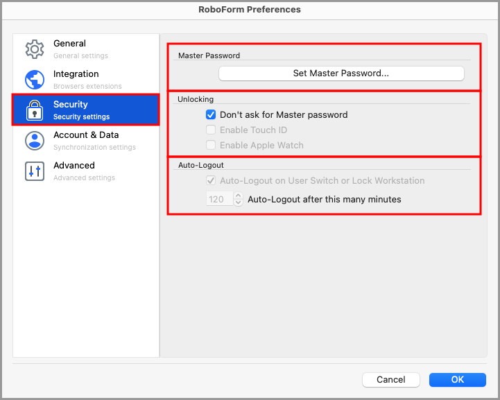 showing the Security tab on the RoboForm Preferences page.