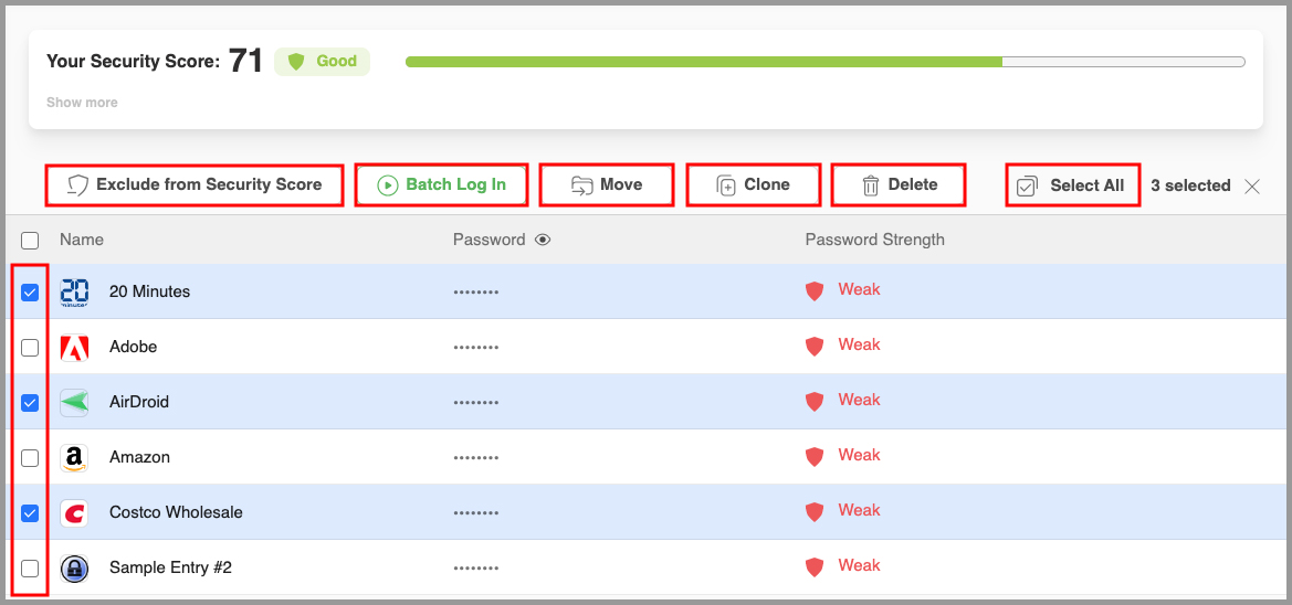 selecting multiple items in the Security Center on the Start Page.