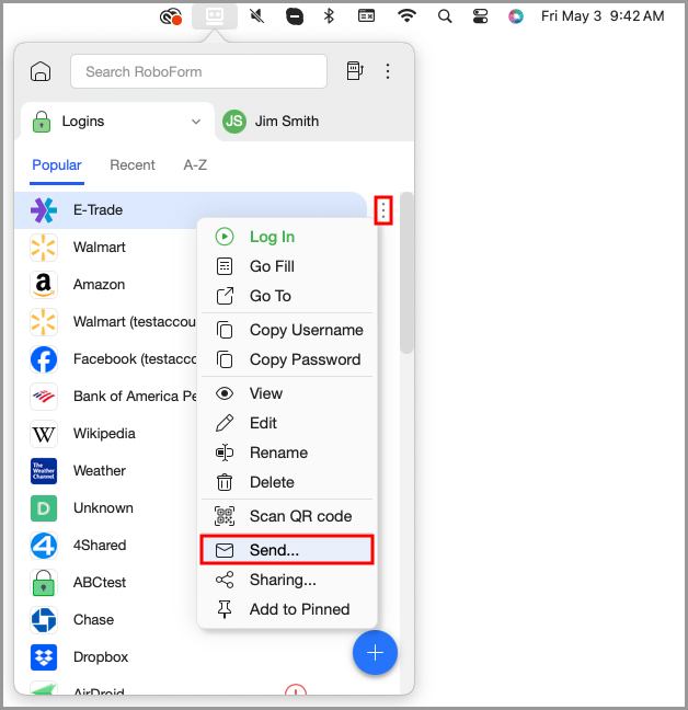showing the option to send a RoboForm item from the RoboForm menu bar icon or extension.