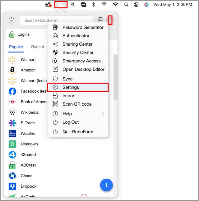 the Settings option in the RoboForm taskbar icon’s menu.