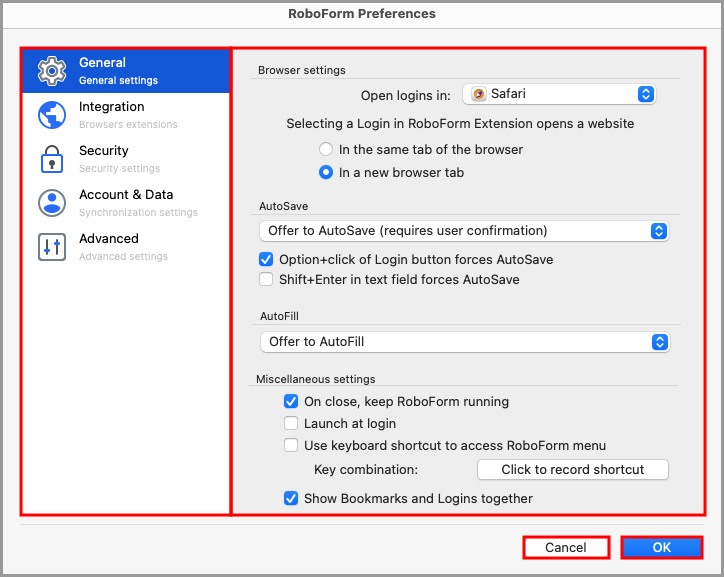 showing the layout of the RoboForm Options page.