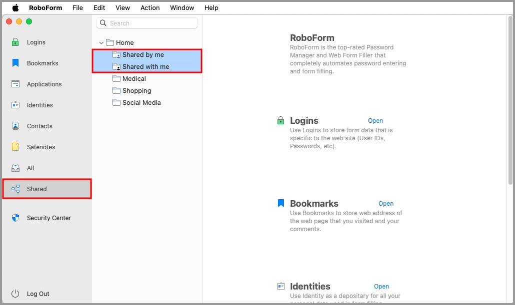 the Shared tab in the RoboForm editor.