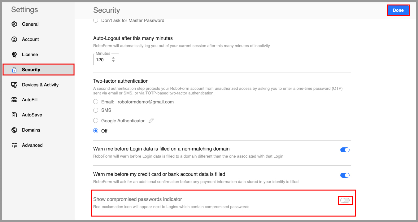 showing the option to turn off the compromised passwords indicator symbol.