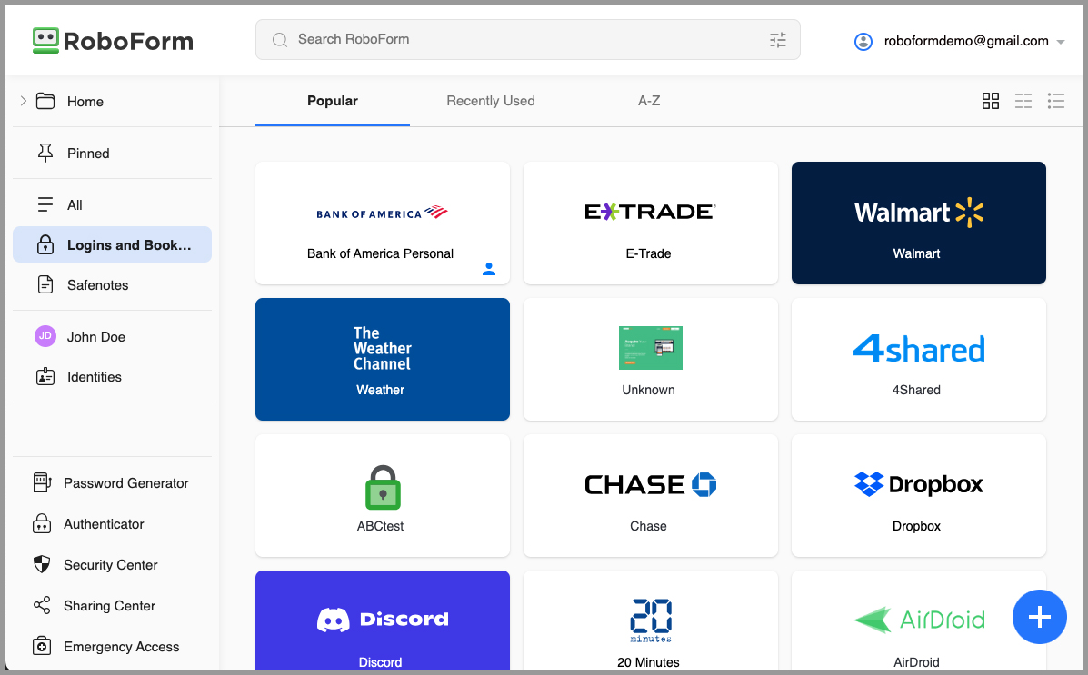 the RoboForm Start Page.