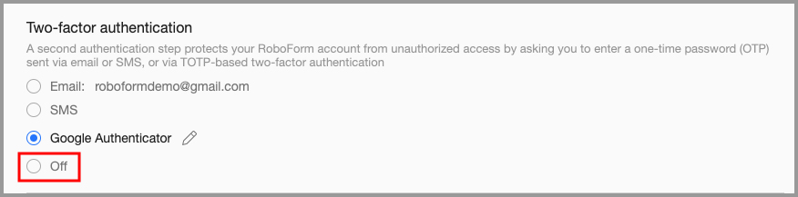 showing how to turn off two factor authentication in the RoboForm extension’s settings menu.