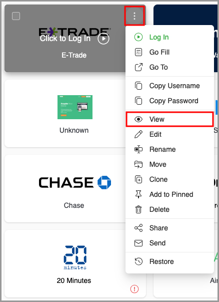 showing how to access the option to view a data item.