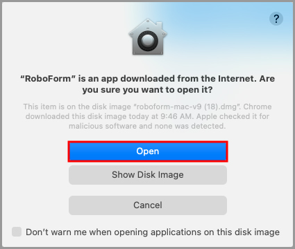 Showing a message asking for confirmation that you would like to open RoboForm.