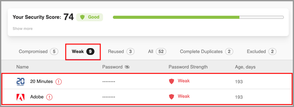 the weak passwords tab in the Security Center on the Start Page.