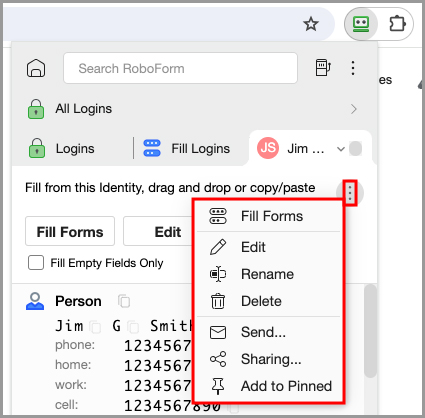  the 3 dots menu in the Identity tab in the RoboForm extension.