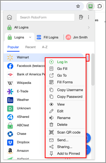 options for a login in the RoboForm extension