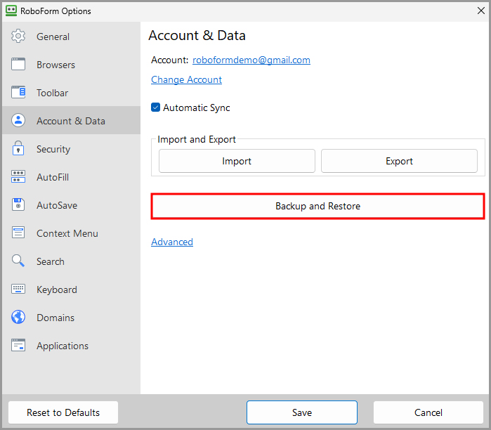 the Backup and Restore button on the Account & Data page in RoboForm Options.