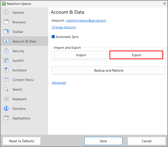 the Export button in the Account & Data tab on the RoboForm options page.