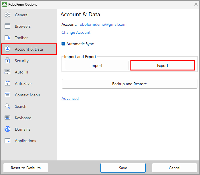  the Export button in the Account & Data tab on the RoboForm Options page.