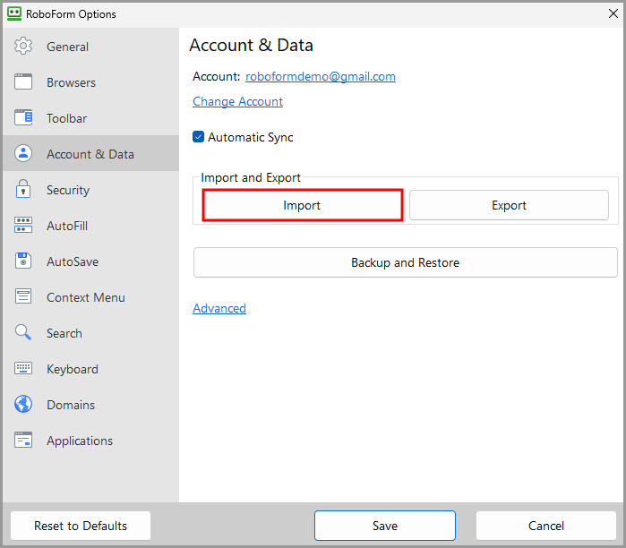 the Import button in the Account & Data tab in the RoboForm options page