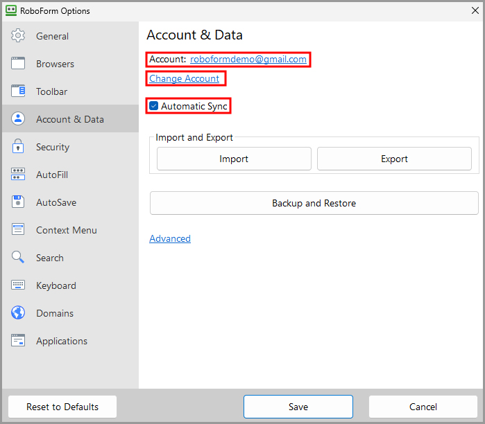 the Account & Data tab on the RoboForm options page