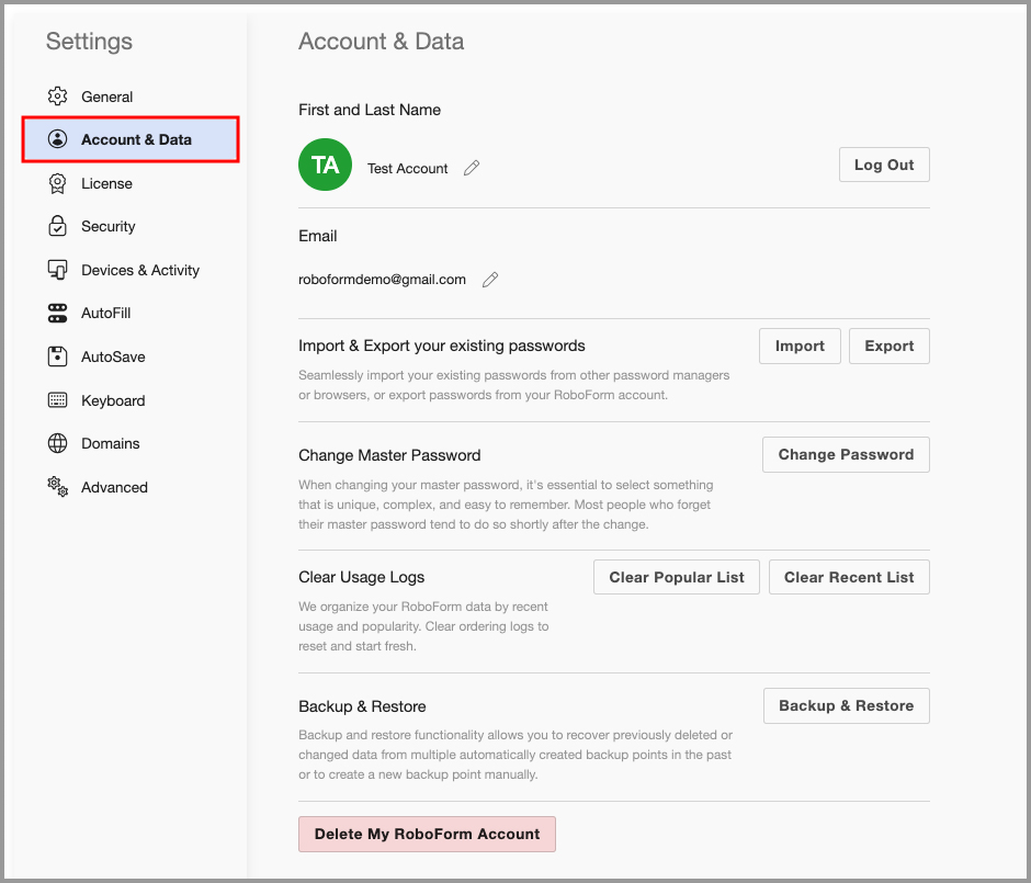 the Account & Data tab in the RoboForm Extension Settings menu.