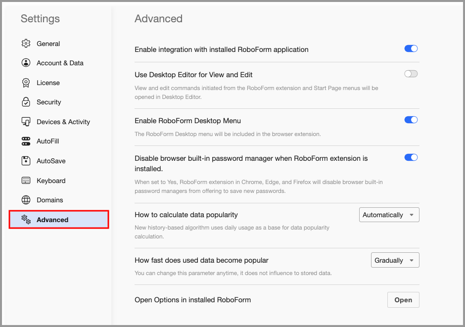 the Advanced tab in the RoboForm Extension Settings menu.