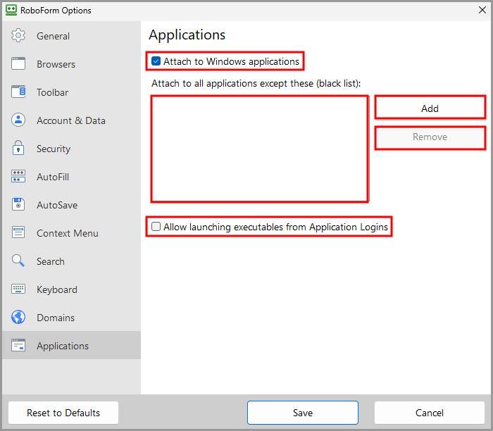 the Applications tab in RoboForm Options.