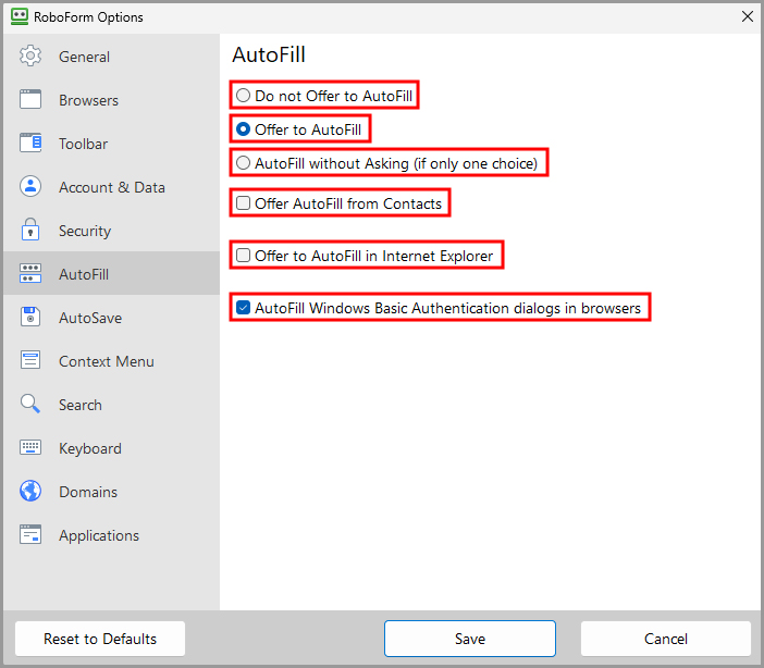 the AutoFill tab in RoboForm Options.