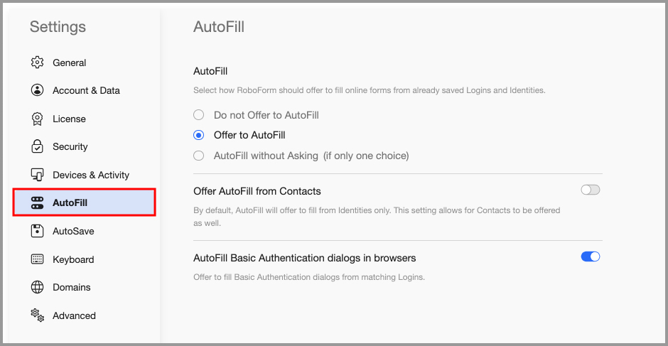 the AutoFill tab in the RoboForm Extension Settings menu.