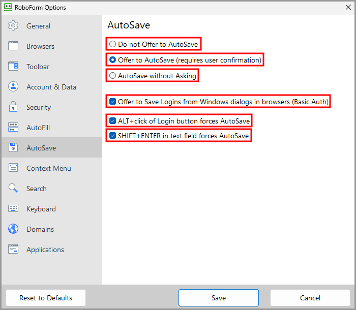 the AutoSave tab in RoboForm Options.