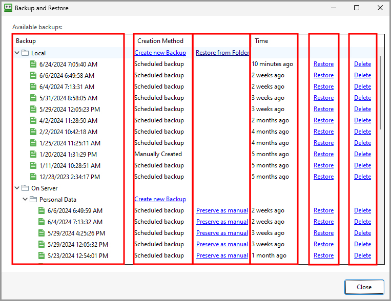 the Backup and Restore dialog.