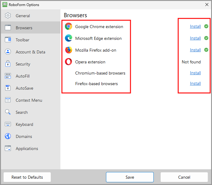 the Browsers tab on the RoboForm options page.