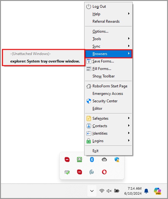  the Bowsers menu in the RoboForm taskbar icon’s menu.