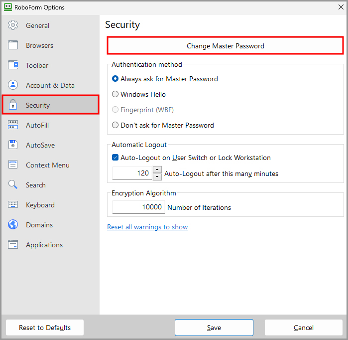 the Change Master Password button in the Security tab in RoboForm Options.